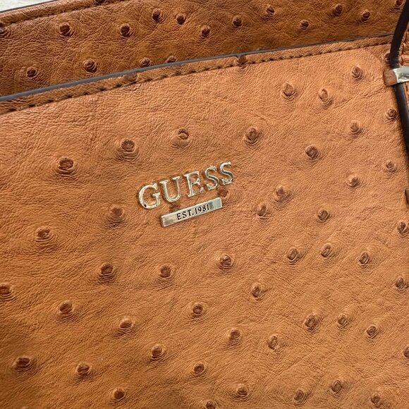 GUESS Brown Faux Ostrich Leather Shoulder Purse Tote Bag 13" x 5" x 9.5" - Picture 5 of 15